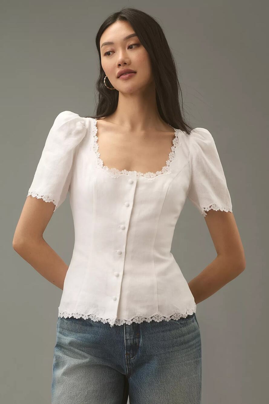Reformation Anabella Linen Top White Sz 12 Anthropologie Romantic Feminine Boho
